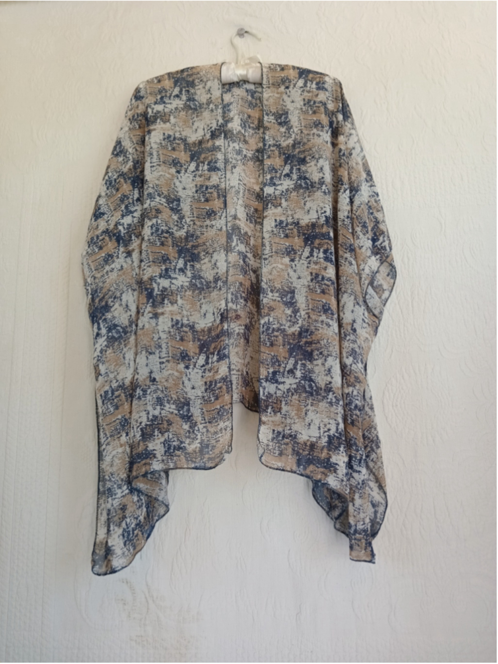 Sand n Sky Abstract Print Kimono sheer open front Blouse Beige Blue flowy draped - Picture 8 of 8
